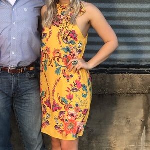 Yellow Floral Dress with High Neck Tie
